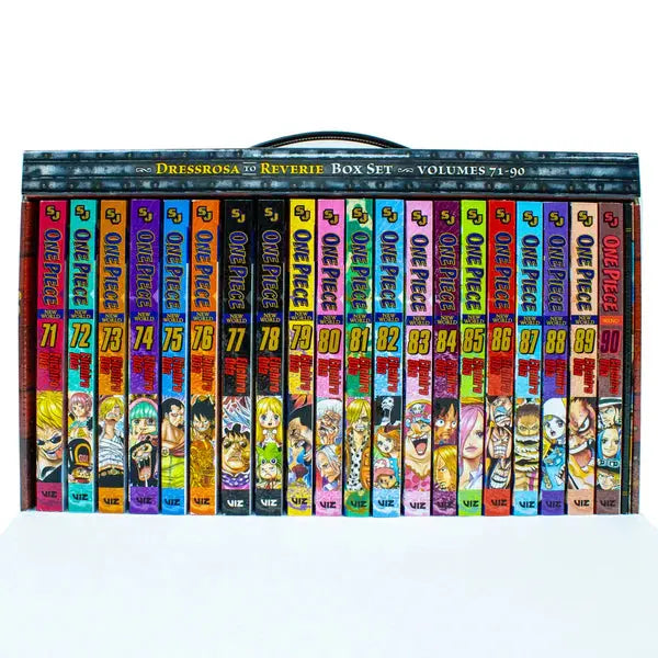 One Piece Manga Box Set 4 (Volumes 71–90) by Eiichiro Oda, featuring the Dressrosa, Zou, and Whole Cake Island arcs in a collectible display box.