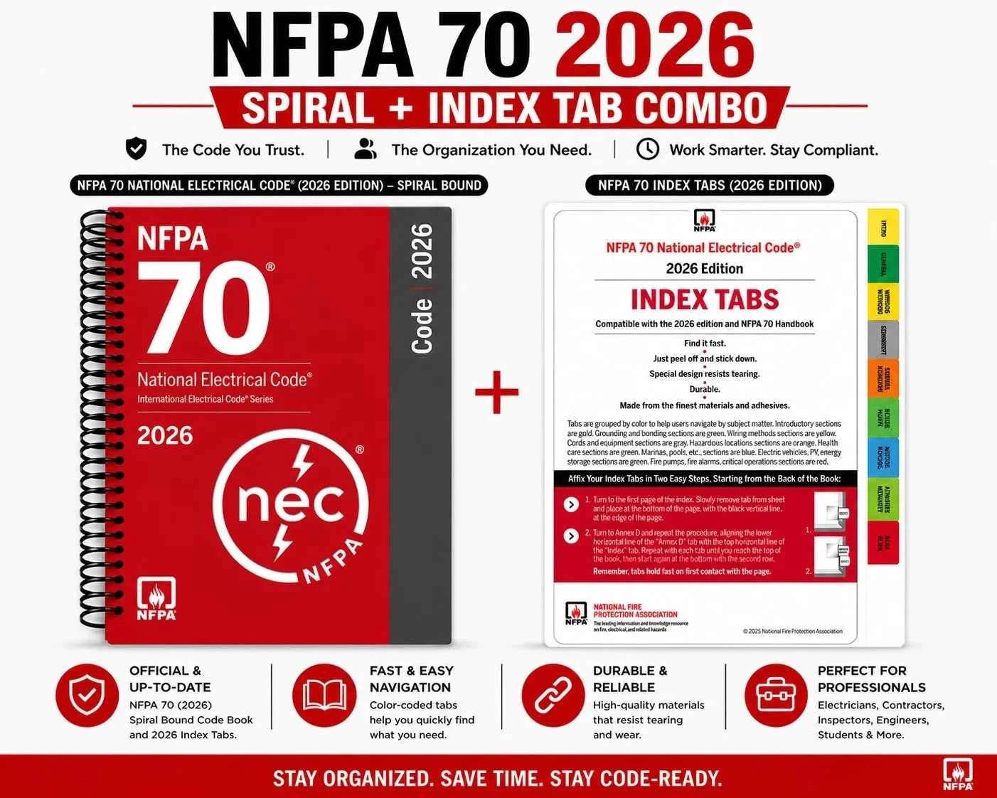 NFPA 70 NEC 2026 Spiral Code Book + Official Color-Coded Index Tabs Combo Set