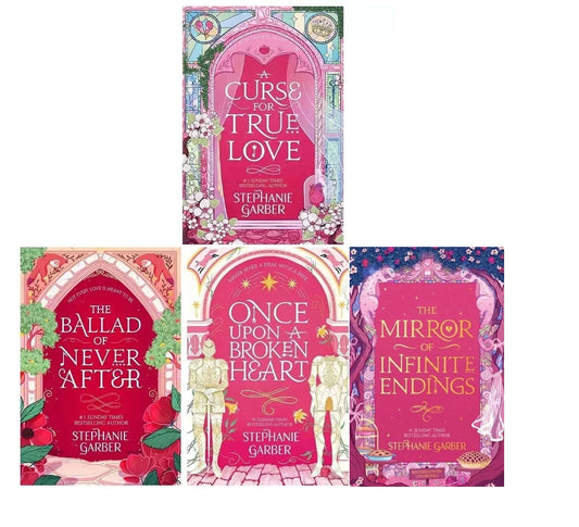 Front covers of the 4-book paperback set for the Once Upon a Broken Heart series by Stephanie Garber, including Once Upon a Broken Heart, The Ballad of Never After, A Curse for True Love, and The Mirror of Infinite Endings